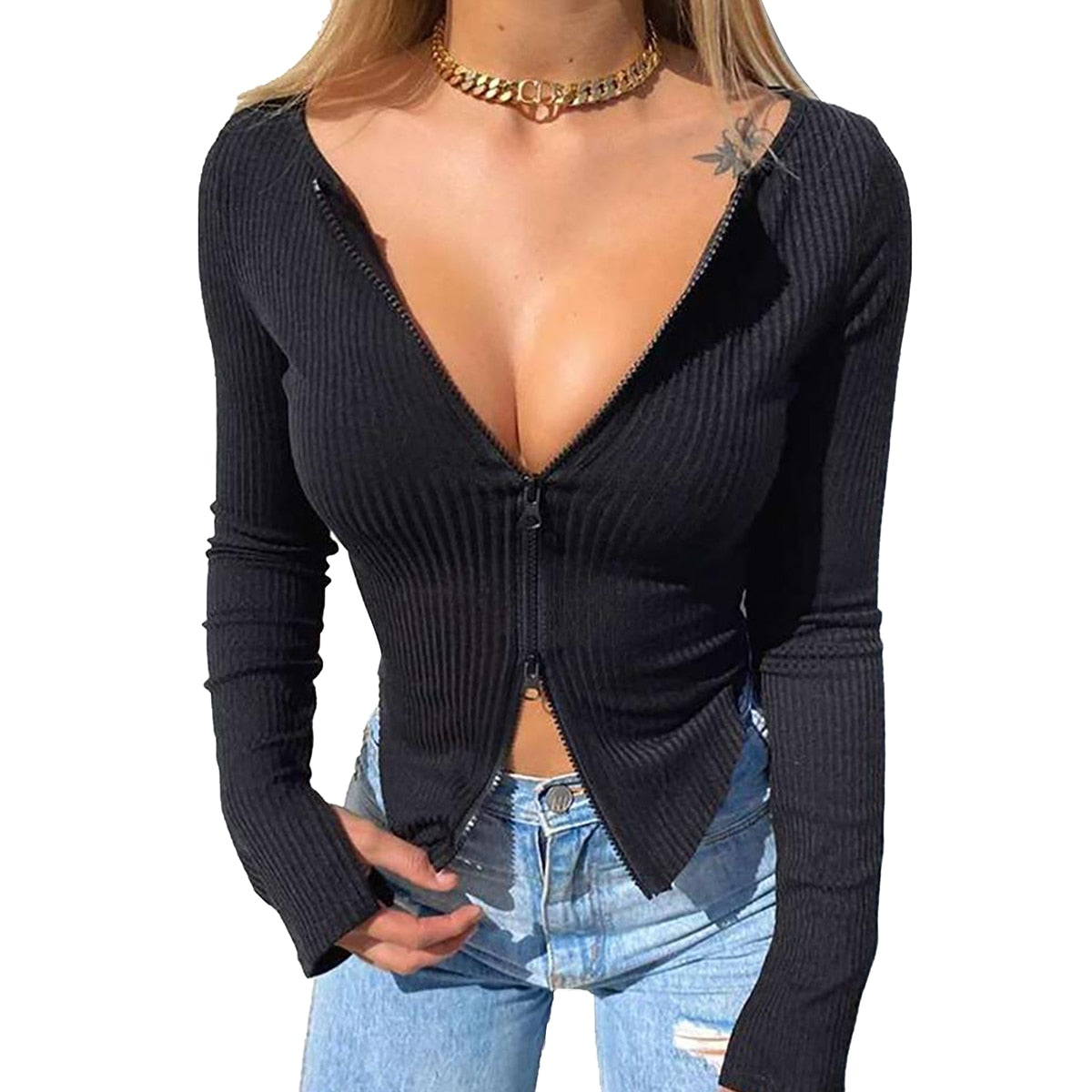 Women T-shirt Spring Autumn Clothes Ribbed Knitted Long