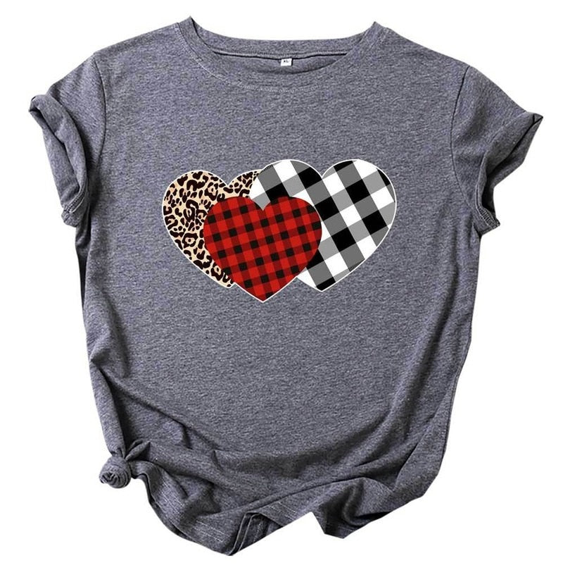 JCGO Summer Women T Shirt Cotton Plus Size 5XL Cute Plaid Heart Print Graphic Tees Tops Short Sleeve O-Neck Casual Woman Tshirts