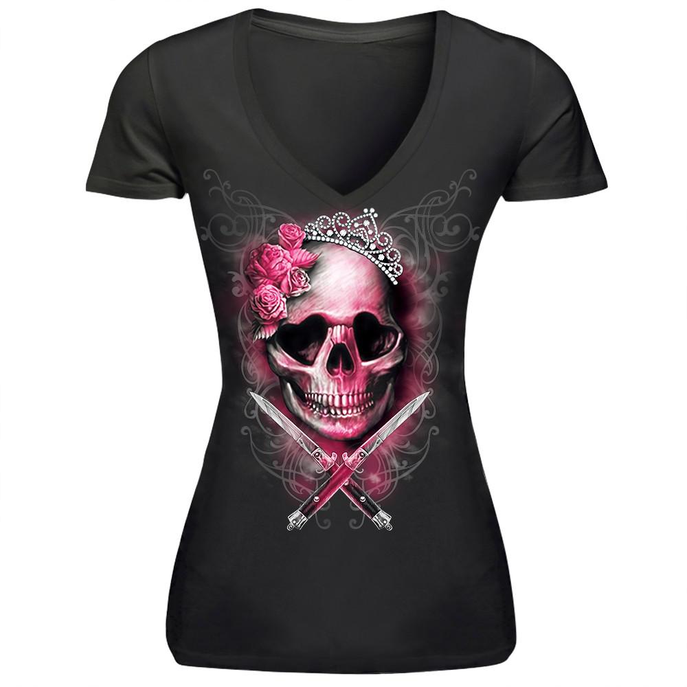 Free Shipping T-shirt Women Casual Comfortable V-neck Shirts Women Top Tees Red Mouth Black Skull Prints Short Sleeve