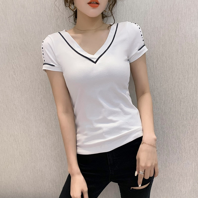 Summer Fashion Korean Clothes T-shirt V-Neck Diamonds