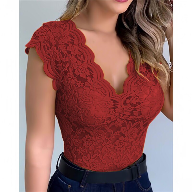 New Women Slim Tunic Lace V Neck T-shirt 2021 Sexy Elegant Summer Short Sleeve T Shirt Lace Flower Plus Size Tops T-shirts