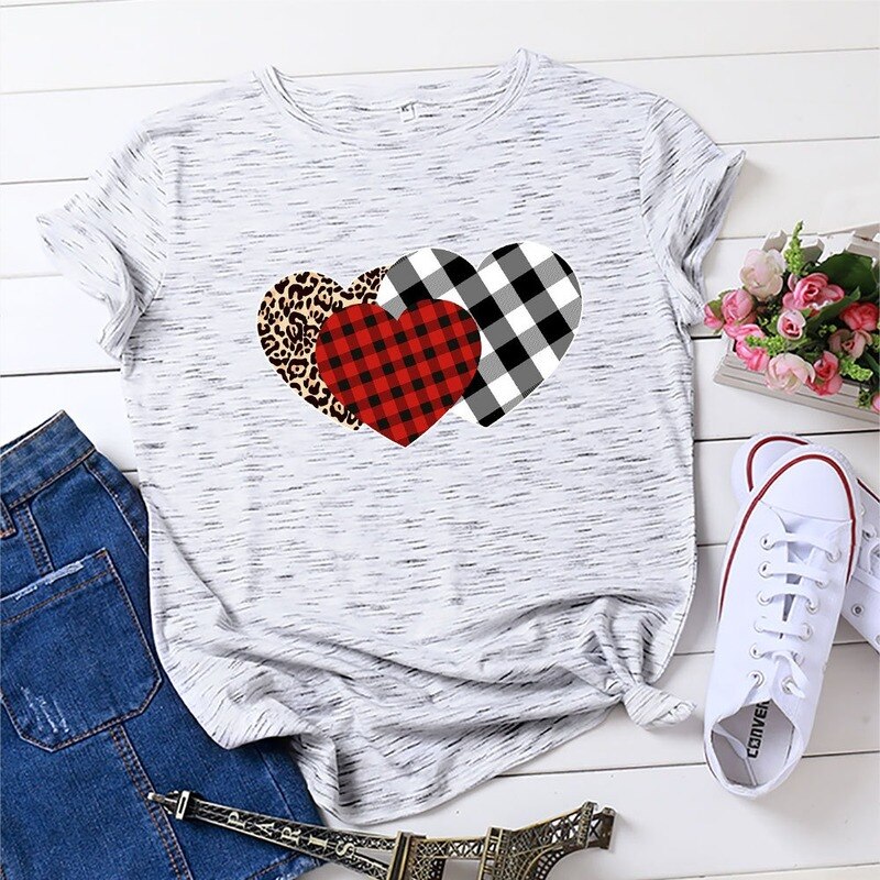 JCGO Summer Women T Shirt Cotton Plus Size 5XL Cute Plaid Heart Print Graphic Tees Tops Short Sleeve O-Neck Casual Woman Tshirts