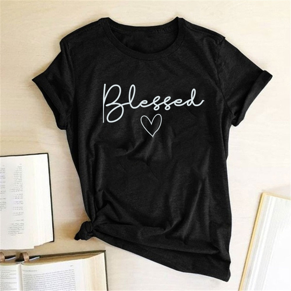 Blessed Heart Printing T-shirts Women Summer Clothes Vogue