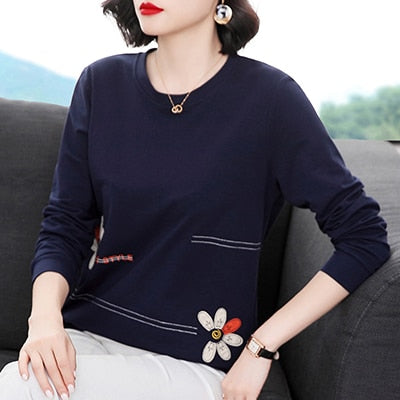 Floral Letter Embroidery Long Sleeve T Shirt Women Spring