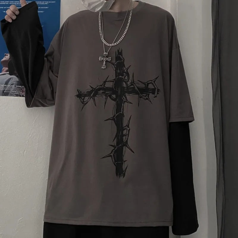 QWEEK Gothic Goth Style Tshirt 2021 Mall Goth Tops Punk Long Sleeve Oversize T-shirt Japanese Streetwear Fashion Korean Style