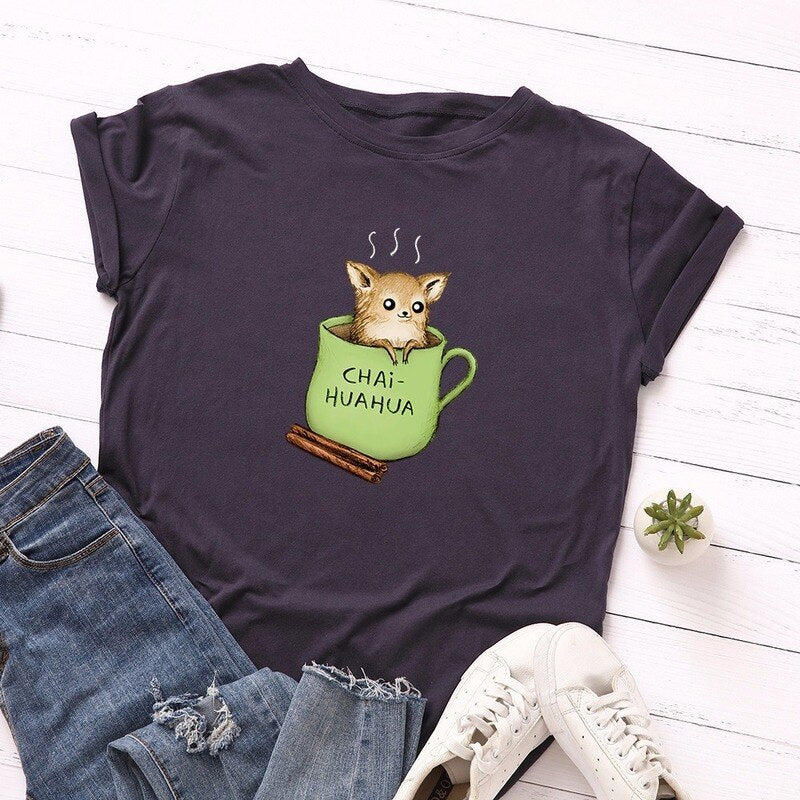 Women T-Shirt Summer Cotton Short Sleeve Cartoon Cute Dog