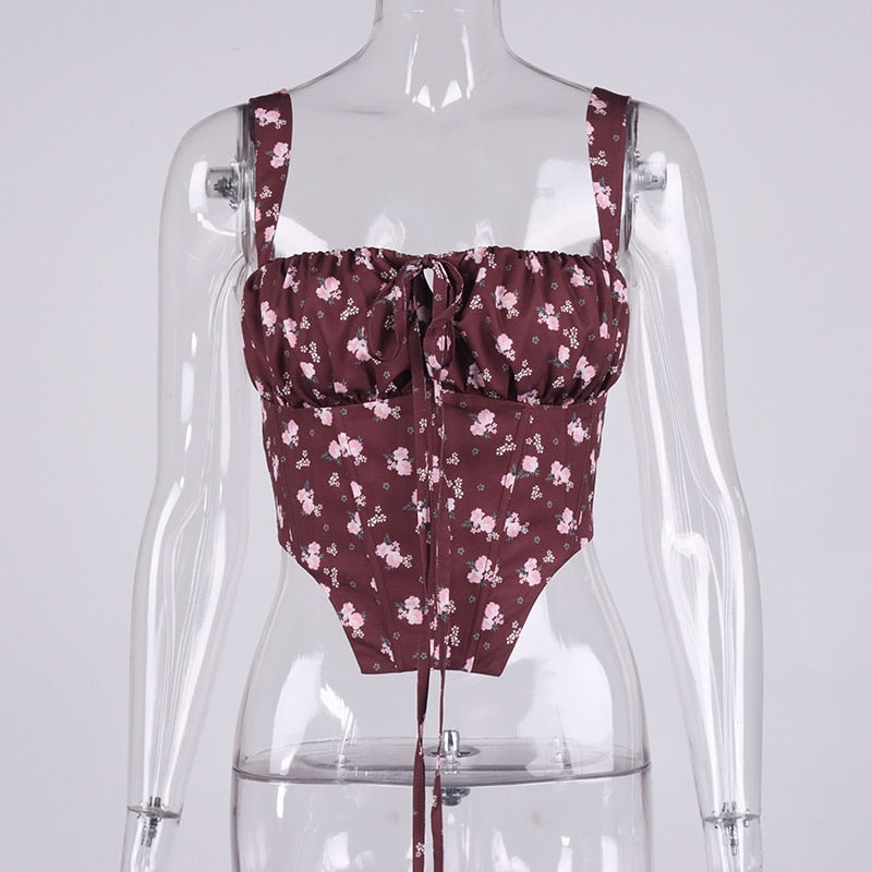Floral Corset Women Sweet Print Hollow Up Tie Up Sexy Crop Top