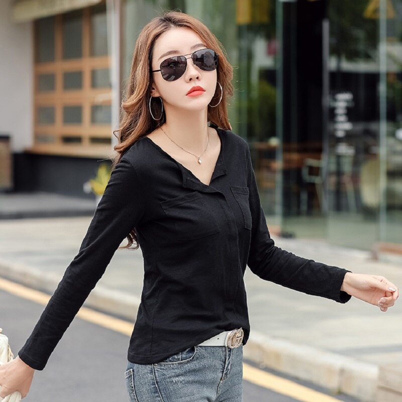 New 2021 Cotton Casual Two Pockets V-Neck T Shirts Women Spring Winter Long Sleeve Coffee Purple T Shirt Female Solid Color Tops