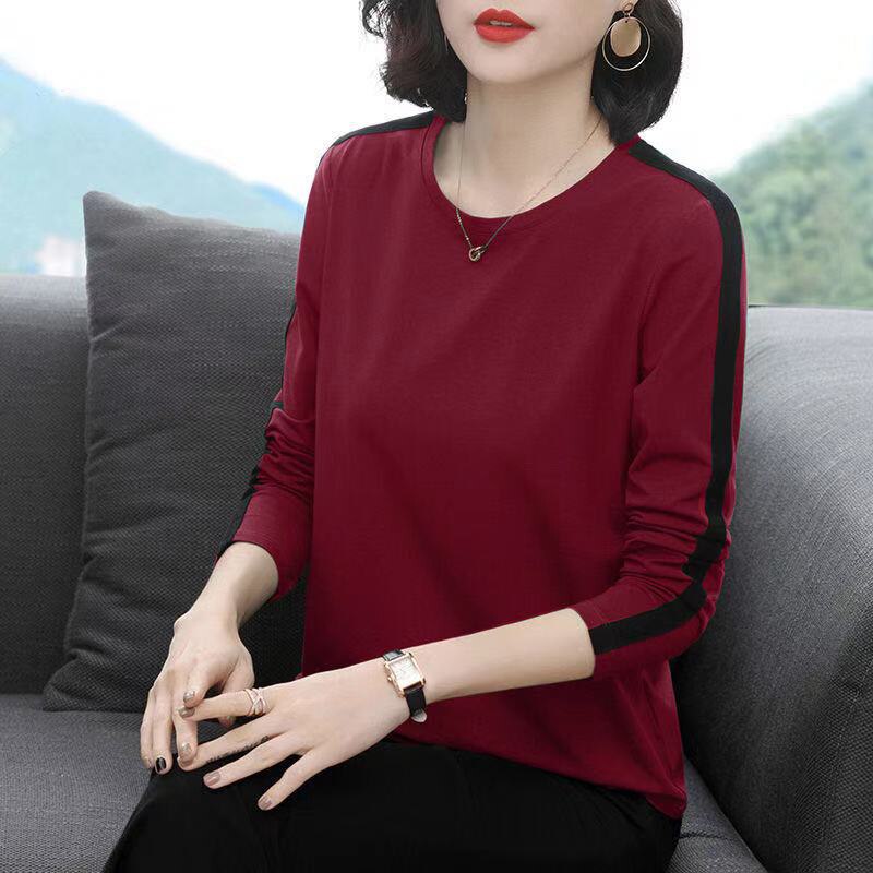 Women T-shirt Girl Casual Patchwork Color Block O-neck Long Sleeve