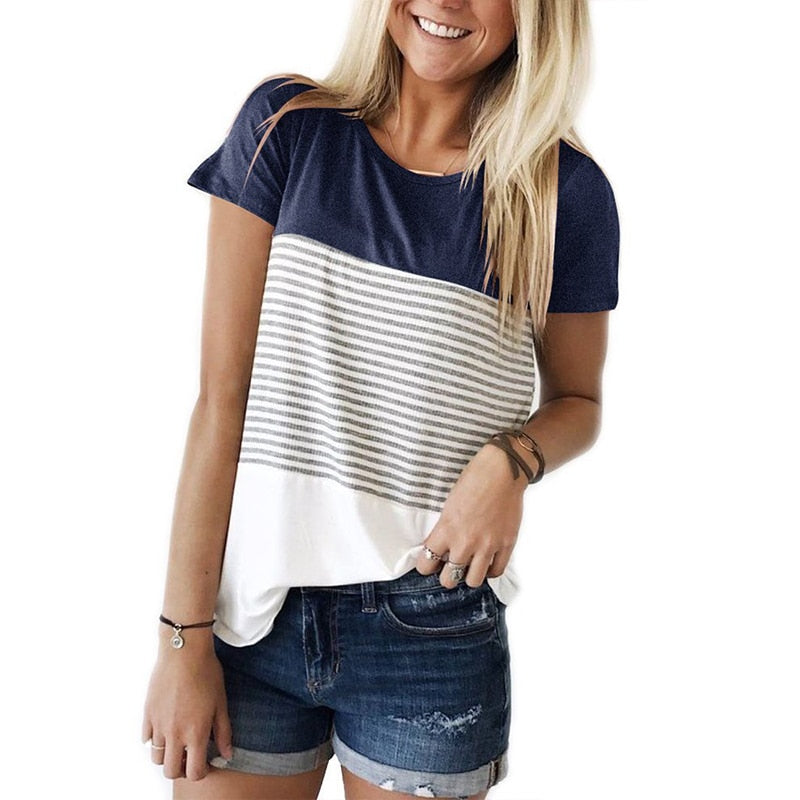 Women Stripe Tops Lady Fashion Three-color Stitching Short Sleeve Clothes Summer O-Neck T-Shirt