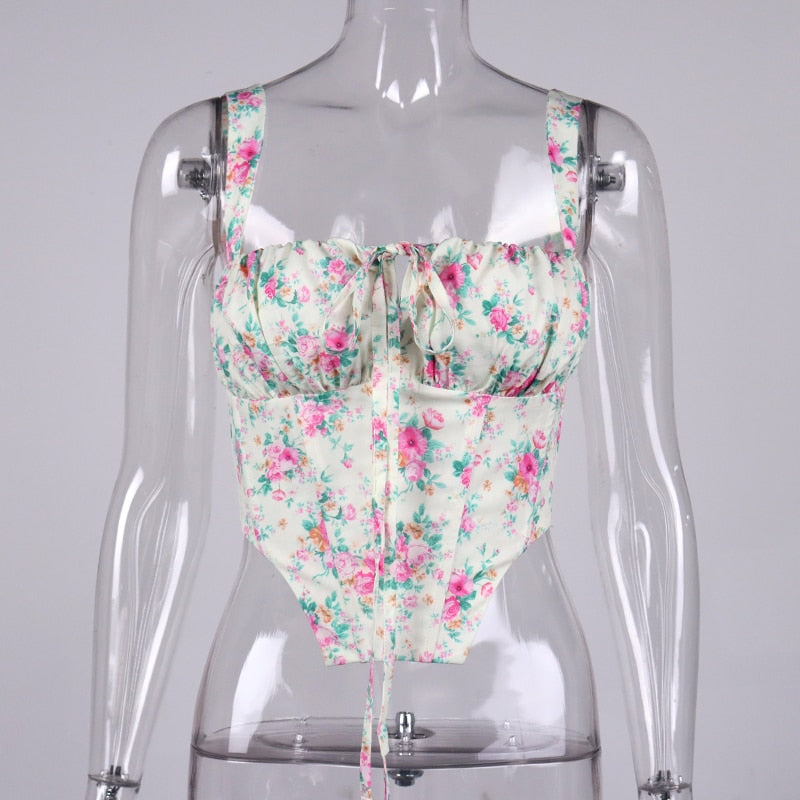 Floral Corset Women Sweet Print Hollow Up Tie Up Sexy Crop Top