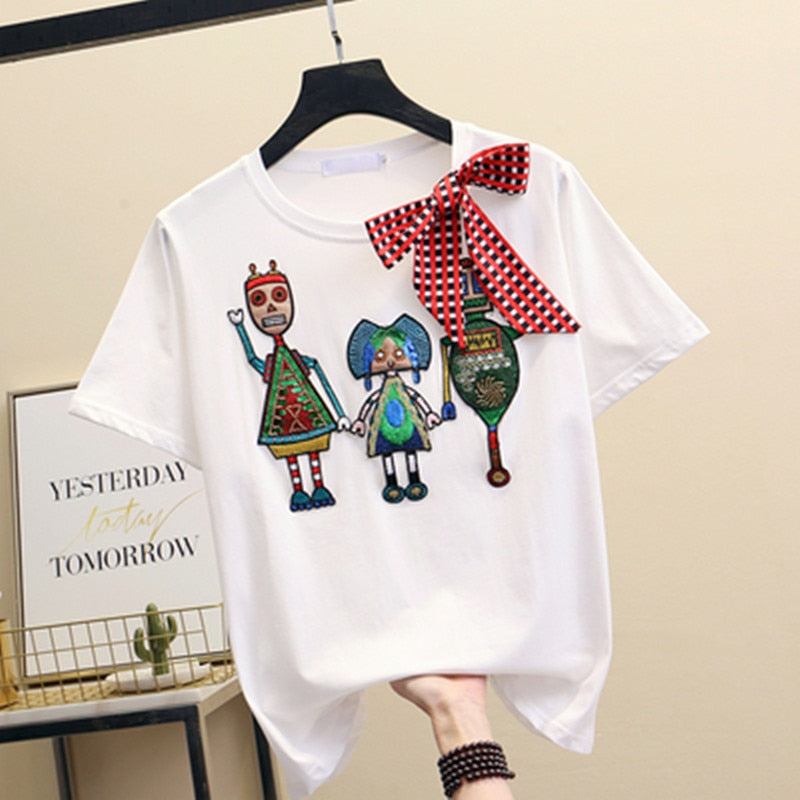 Women Luxurious Embroidery Sequins Cartoon T Shirt Lady O-neck Short Sleeve Bow Tee Shirt Cotton Casual Tshirt Summer Female Top