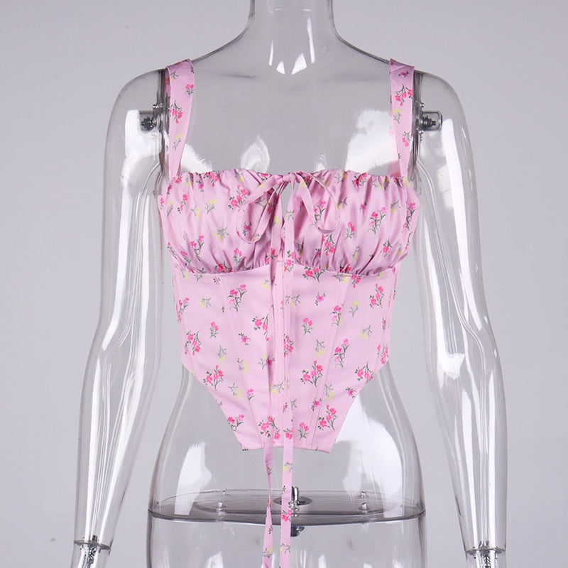 Floral Corset Women Sweet Print Hollow Up Tie Up Sexy Crop Top