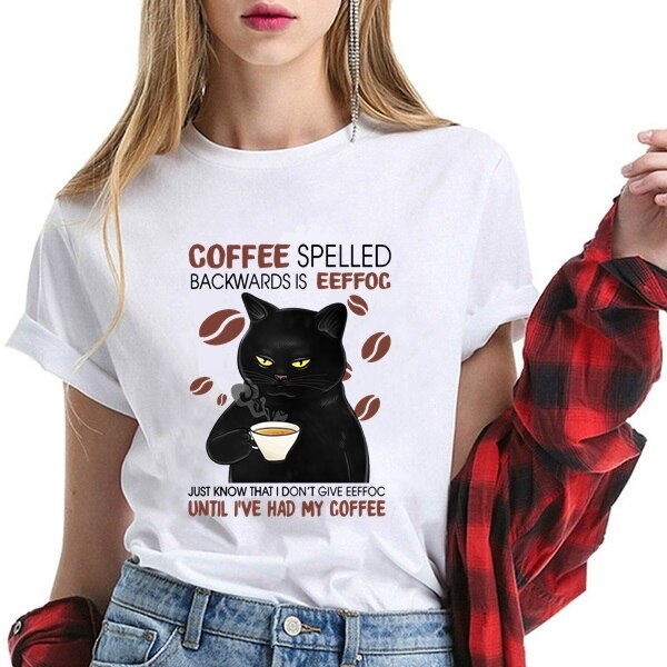 100% cotton t shirt women Black Cat Coffee Spelled Backwards Is Funny Cat Coffee tops unisex T Shirt harajuku women's tees gift