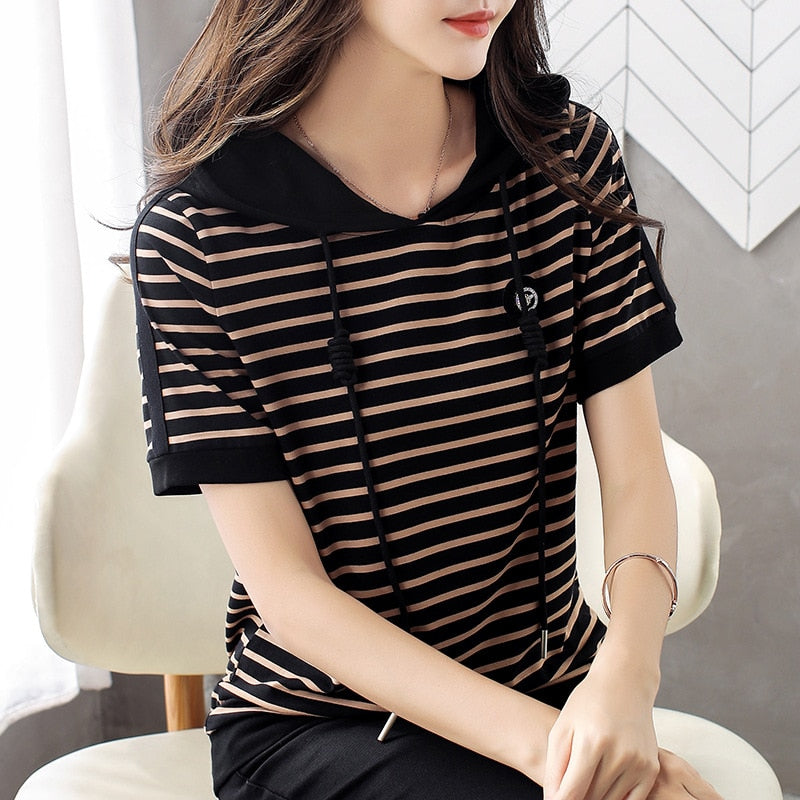 Women's Short Sleeve 2020 New Large Size Loose Striped Hooded T Shirts Summer T-shirt Tops Tee Fashion Clothes For Ladies AE0008