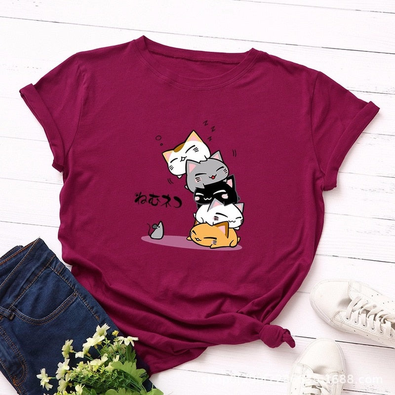 Summer T-Shirt Women Plus Size S-5XL Cotton Graphic Funny Cats Print Female Short Sleeve Simple Tshirts Casual Fashion Tops Tees