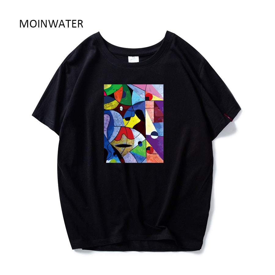 MOINWATER Brand New Women Colorful Print T shirts White Black Cotton Tees Lady High Street Comfortable Casual Tops MT1978