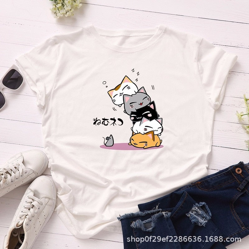 Summer T-Shirt Women Plus Size S-5XL Cotton Graphic Funny Cats Print Female Short Sleeve Simple Tshirts Casual Fashion Tops Tees