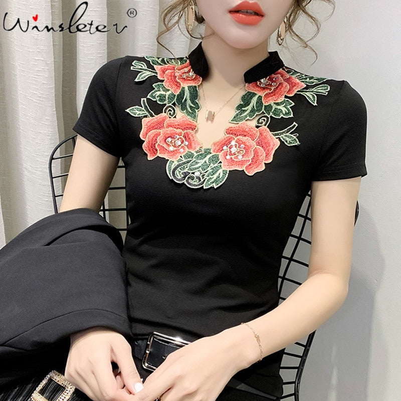 Women Cotton T-Shirts New Short Sleeve V-neck Tee Tops