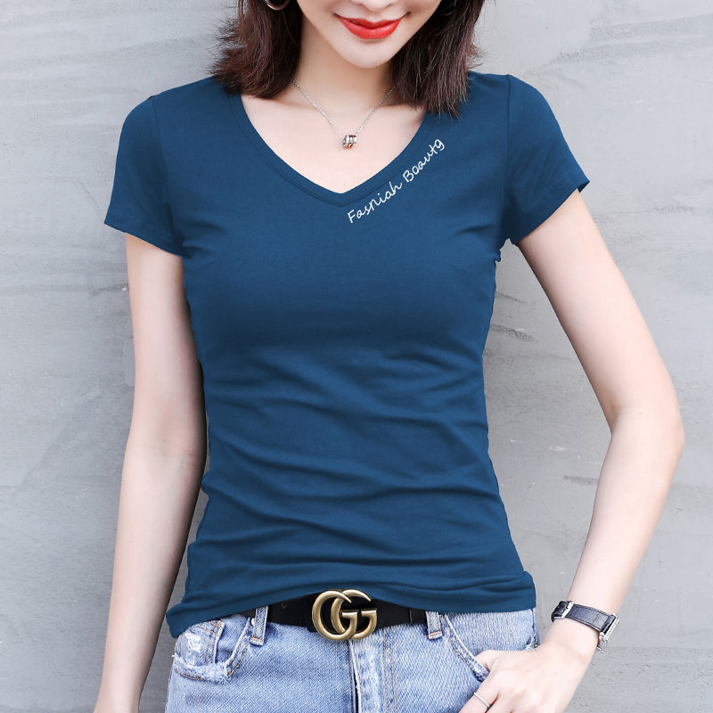 Fashion Summer Top Women V Neck T Shirt Slim Fit Stretch