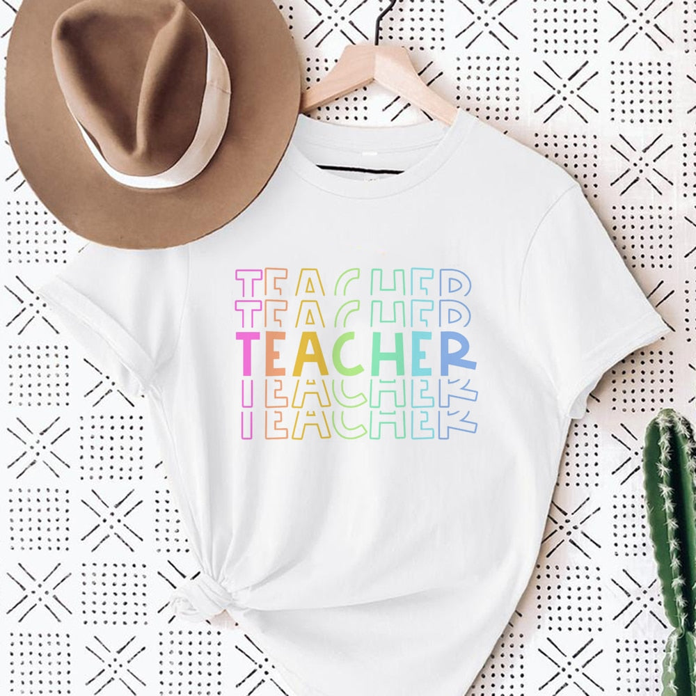 Love Rainbow Print White T-shirt Teacher Life Short Sleeve