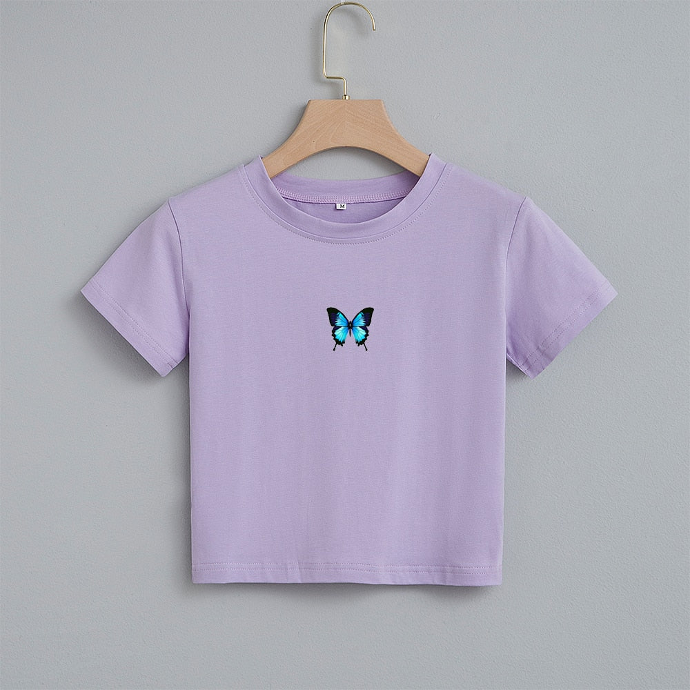 Fashion Cartoon Blue Butterfly Print Crop Top