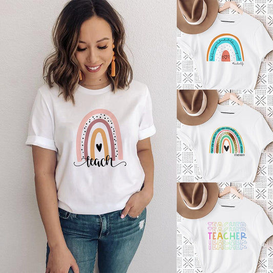 Love Rainbow Print White T-shirt Teacher Life Short Sleeve