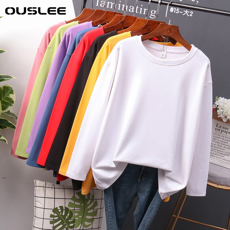 OUSLEE Cotton Long Sleeve T Shirt Women Casual Basic Women's T-shirts Solid Colors Top Female Fashion Korean Tee Shirt Plus Size