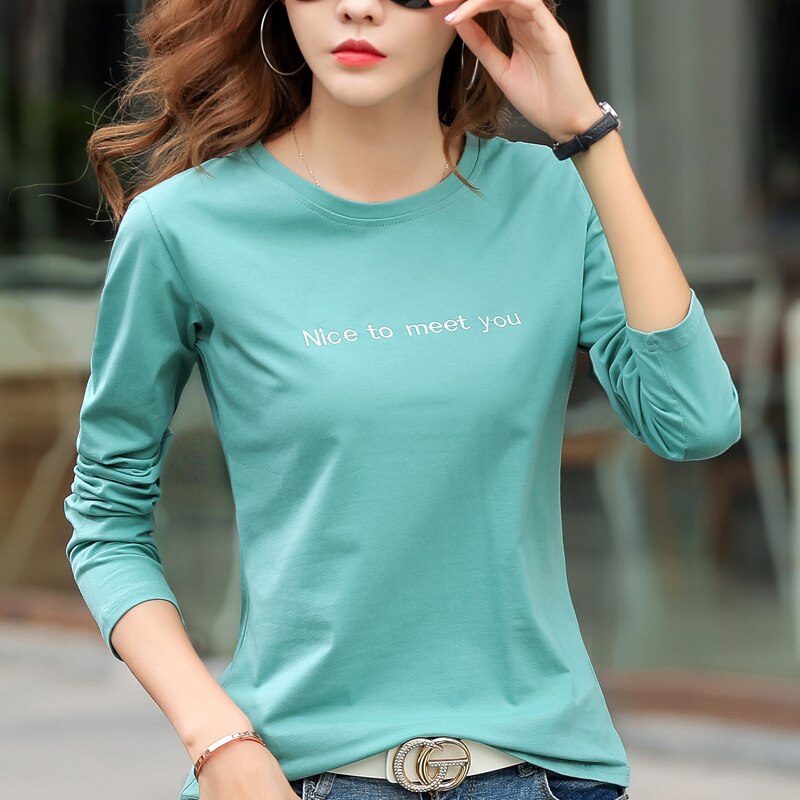 Letter Embroidery 2021 Autumn Cotton T-shirt Spring Women Long Sleeve Casual Red T shirts Fashion O-Neck Blue Yellow Simple Tops