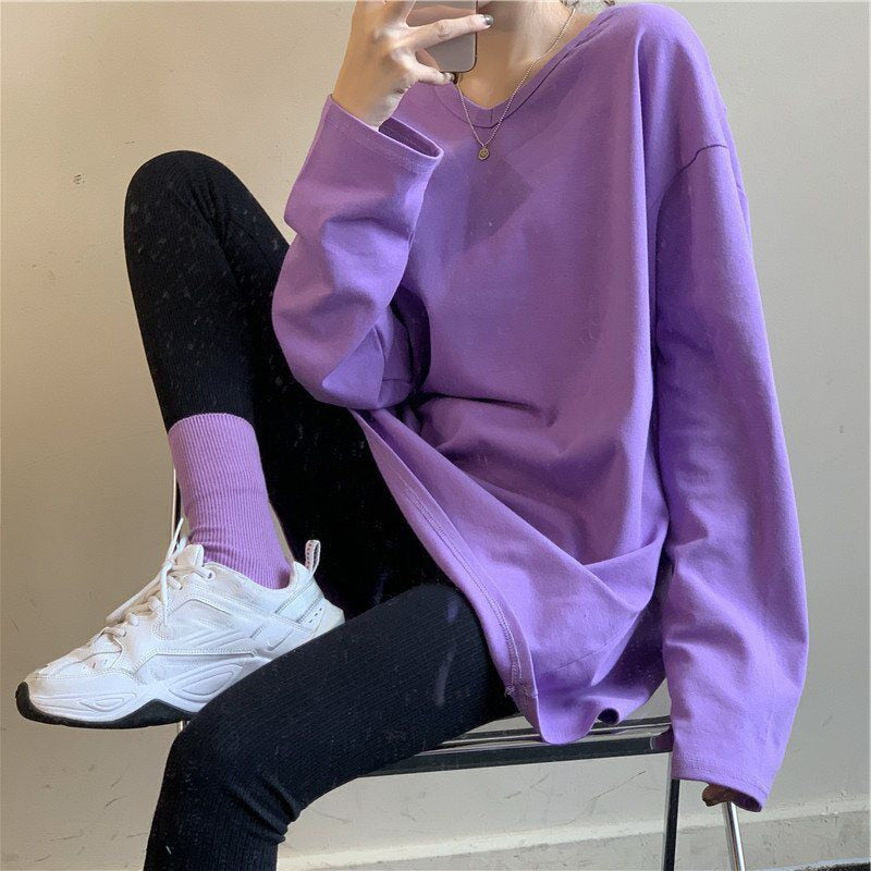 Summer 2021 new women's Fashion Top plus size Korean O-neck long sleeve purple T-shirt