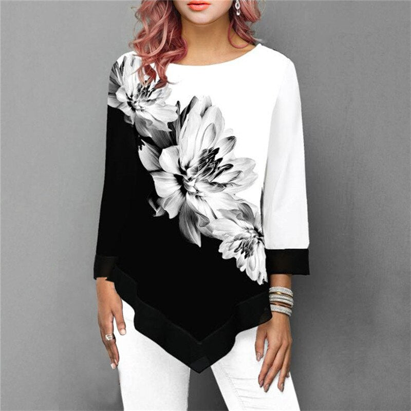 Women T-Shirt Elegant Floral Print Loose Three Quarter