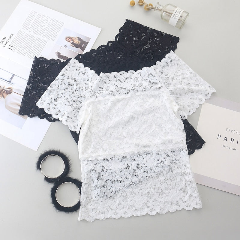 1piece Wommen Sexy Lace Off Shoulder Crop Tops With Bra Short Sleeve Bare Shoulder Crochet Top Female Cotton T-Shirt Lace