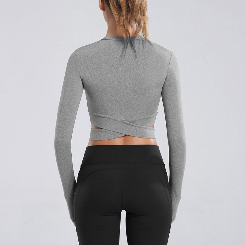 Women Long Sleeve Running Shirts Sexy Exposed Navel Yoga T-shirts