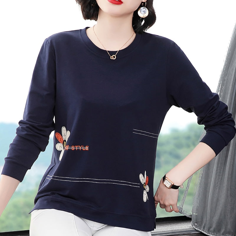 Floral Letter Embroidery Long Sleeve T Shirt Women Spring