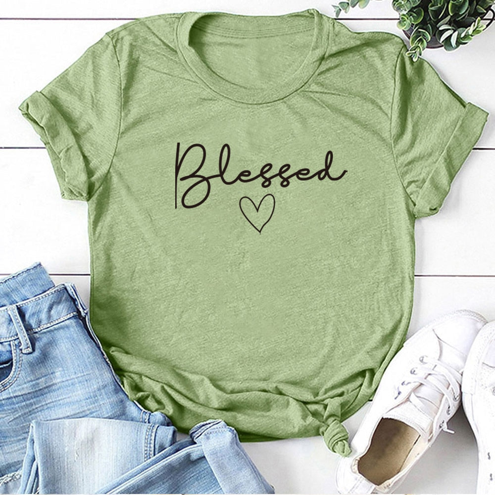 Blessed Heart Printing T-shirts Women Summer Clothes Vogue