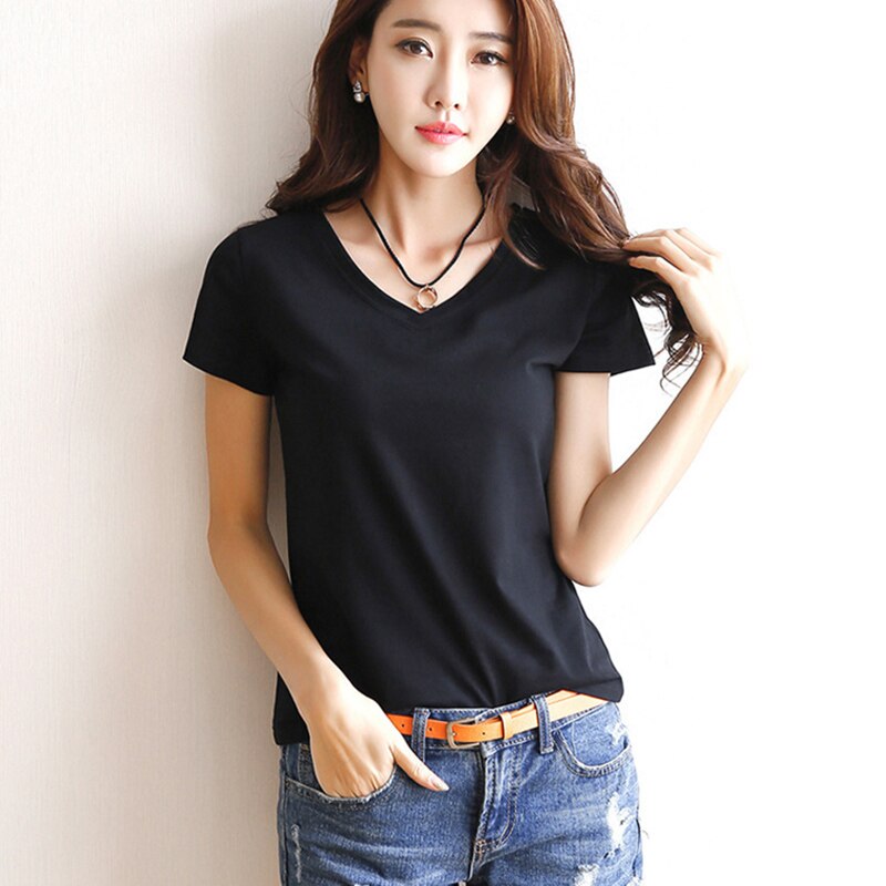 Women Basic Tee Shirt Casual V-Neck Short Sleeve Female Cotton Tee Slim Black White T-Shirt Streetwear Lady Solid Tshirt Tops