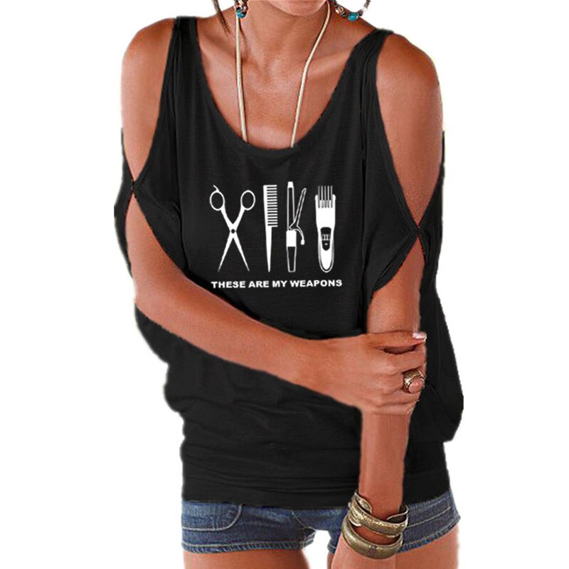 Barber T Shirt Women O-Neck Hairdresser Weapon T-shirt Woman scissors Tops Girl Sexy Off Shoulder Batwing Lace up Top Tees