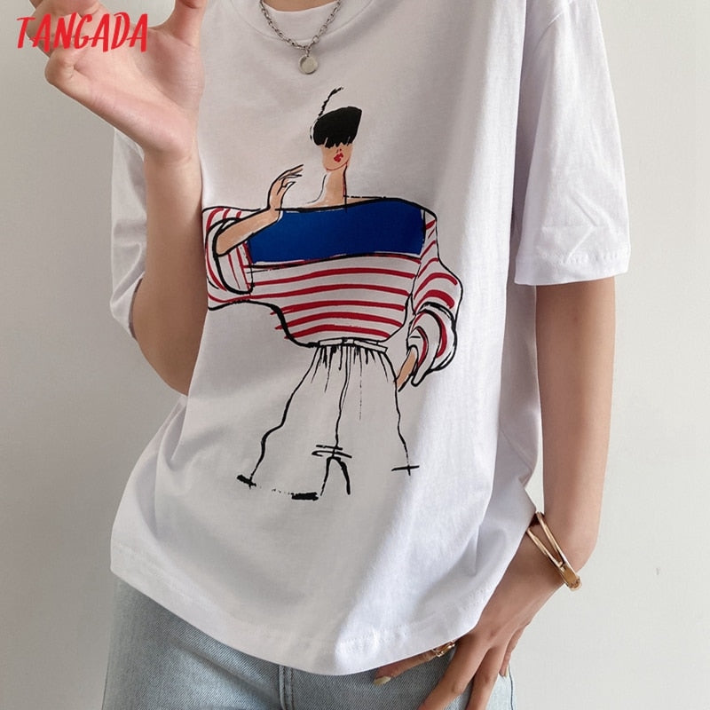 Women Print Cotton T Shirt Short Sleeve O Neck Tees Casual Tee