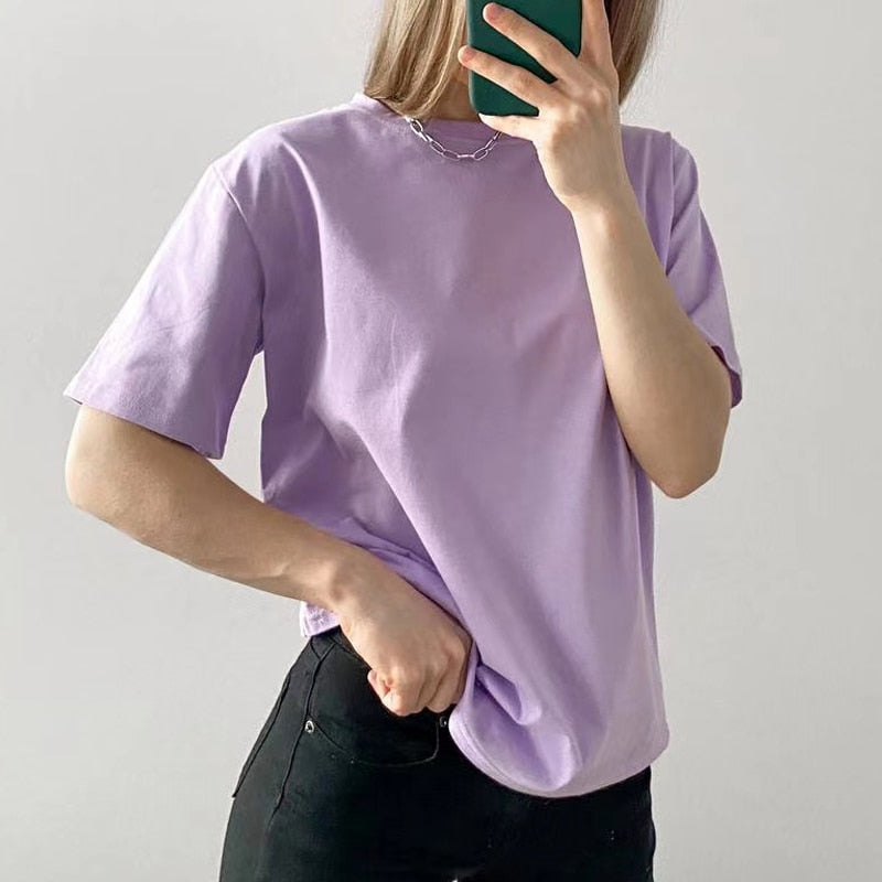 Basic Cotton T Shirt Women Summer New Oversized Solid Tees