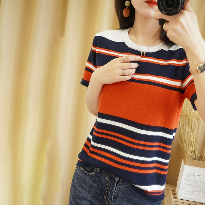 summer new pure cotton T-shirt women casual pullover knitted sweater short sleeve plus size round neck tees striped top