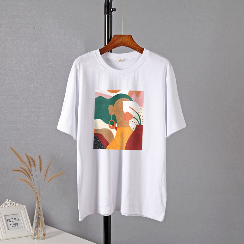 Hirsionsan Aesthetic Printed T Shirts Women 2021 New Soft Vintage Loose Tees Abstract Graphic Cotton Tshirts Summer Casual Tops