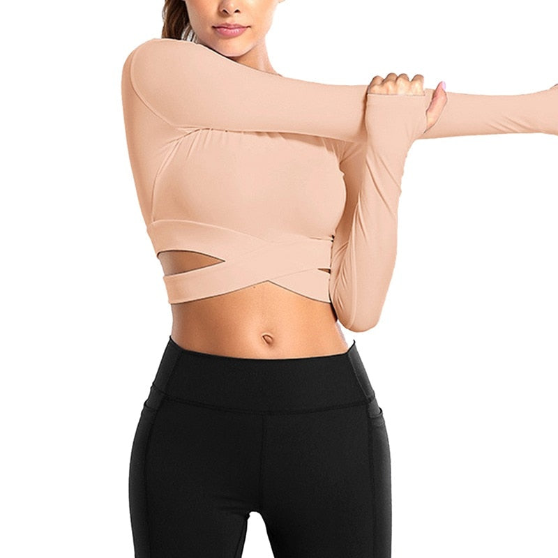 Women Long Sleeve Running Shirts Sexy Exposed Navel Yoga T-shirts