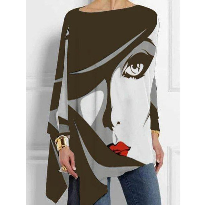 Plus Size White-Black Abstract Vintage Tops Women Loose Crew Neck Cotton Casual Shirts Long Sleeve Irregular T-shirt Print