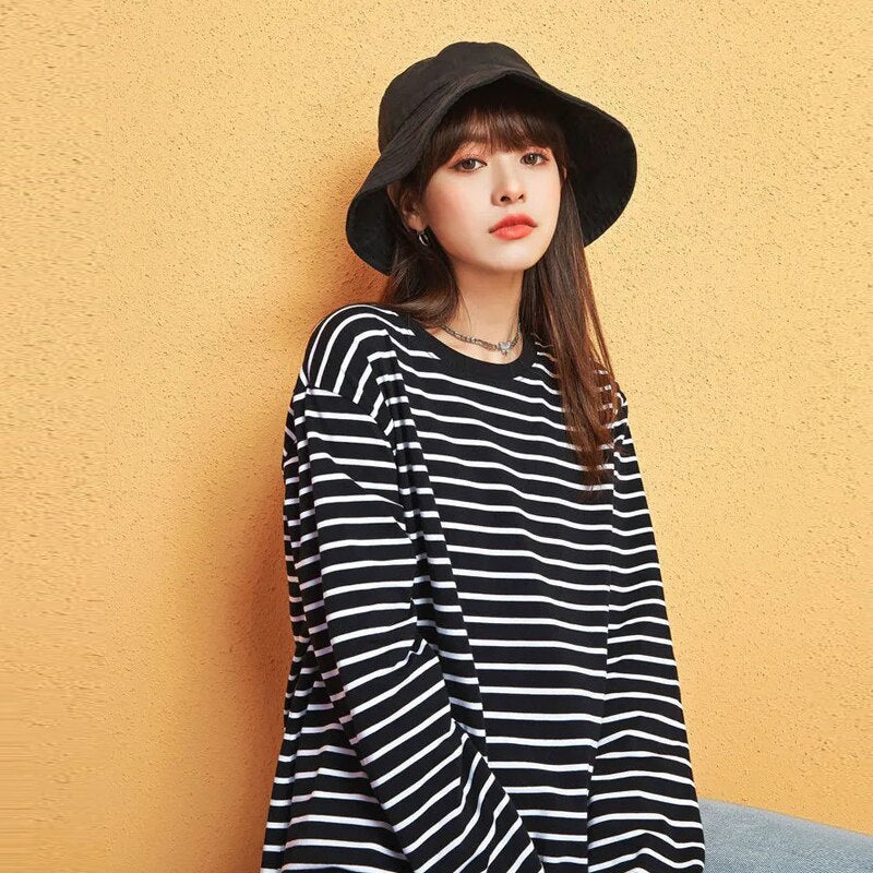 WAVLATII Women 2021 New Long Sleeve T shirts Female Cotton White Black Striped Tees Lady Oversized Spring Casual Tops WLT2107