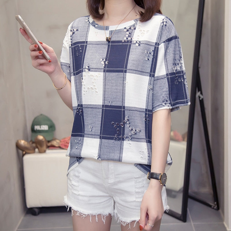 Plus Size Plaid Hole Top T Shirts Women Summer Casual Loose Short Sleeve Cotton Basic T-shirts Oversized Street Style Tshirts