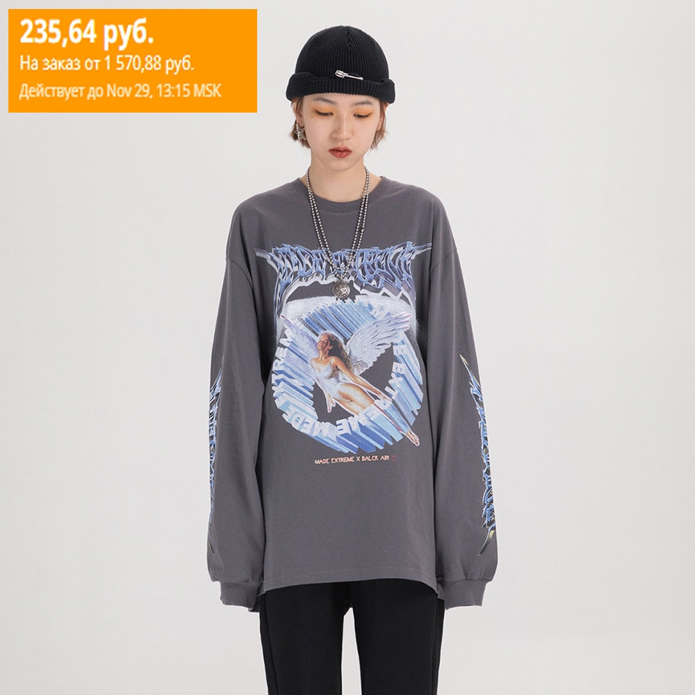 Women Long Sleeve Retro Graphic Tees Top Angel Shirt Clothes Oversized T Shirt 2020 Women Clothing Fashion Spring Streetwear