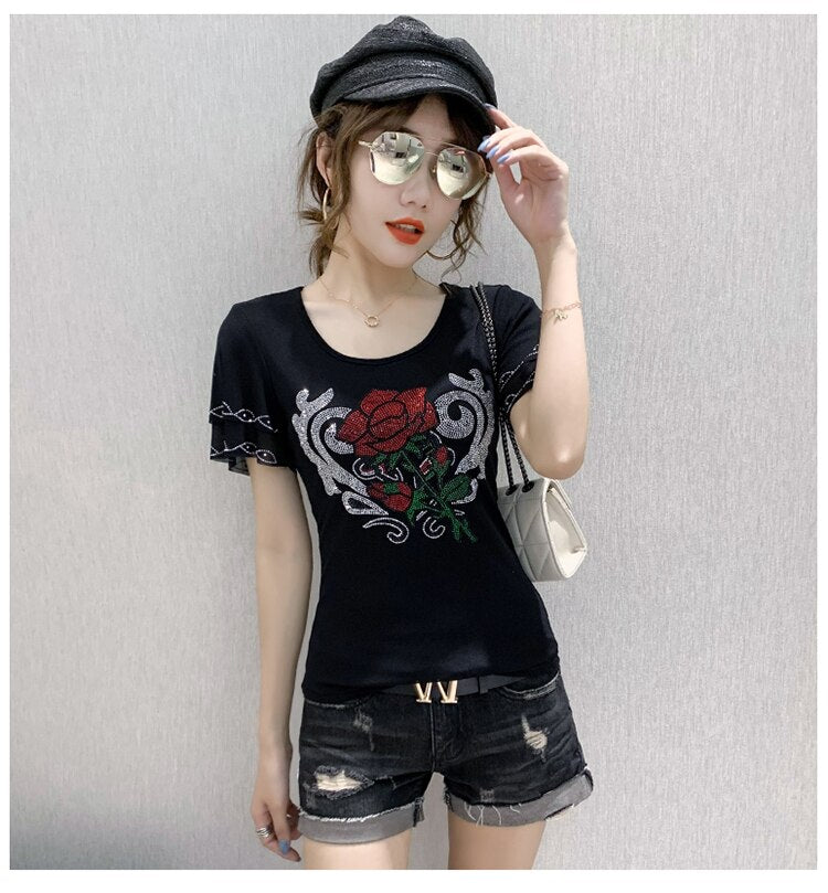 Korean Clothes T-shirt Fashion Diamonds Rose Women Tops