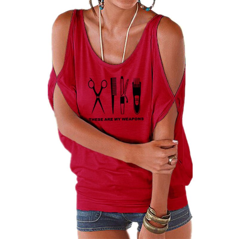 Barber T Shirt Women O-Neck Hairdresser Weapon T-shirt Woman scissors Tops Girl Sexy Off Shoulder Batwing Lace up Top Tees