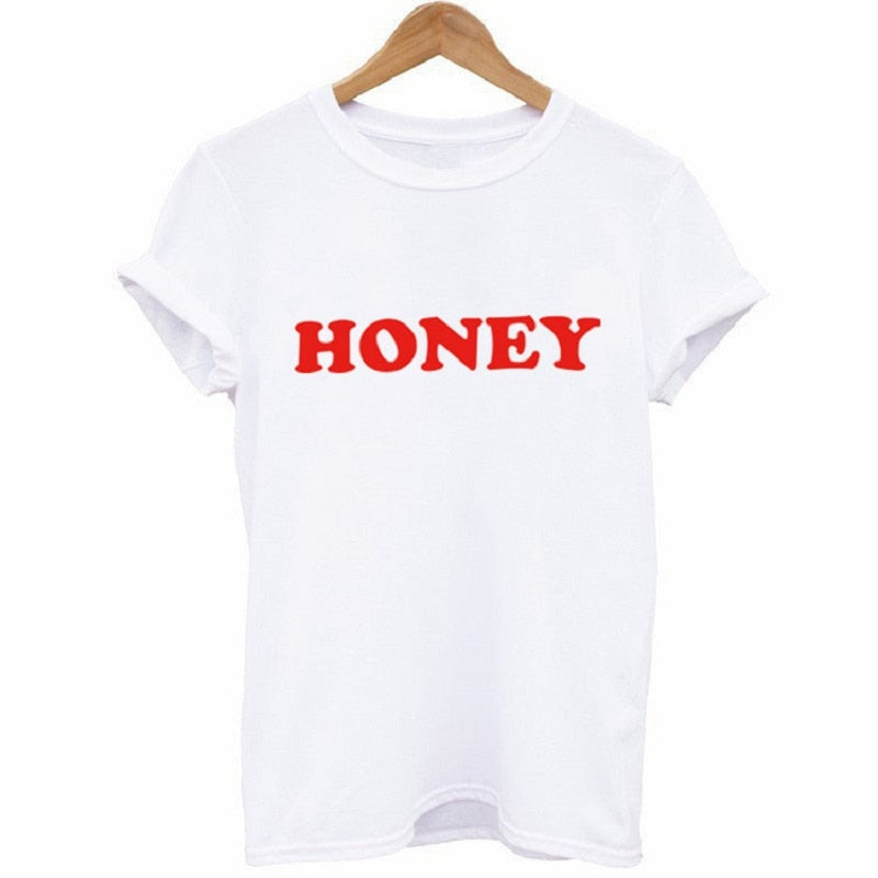 Honey Letter Print T Shirt Women Short Sleeve O Neck Loose Yellow Tshirt Summer Ladies Tee Shirt Tops Clothes Camisetas Mujer