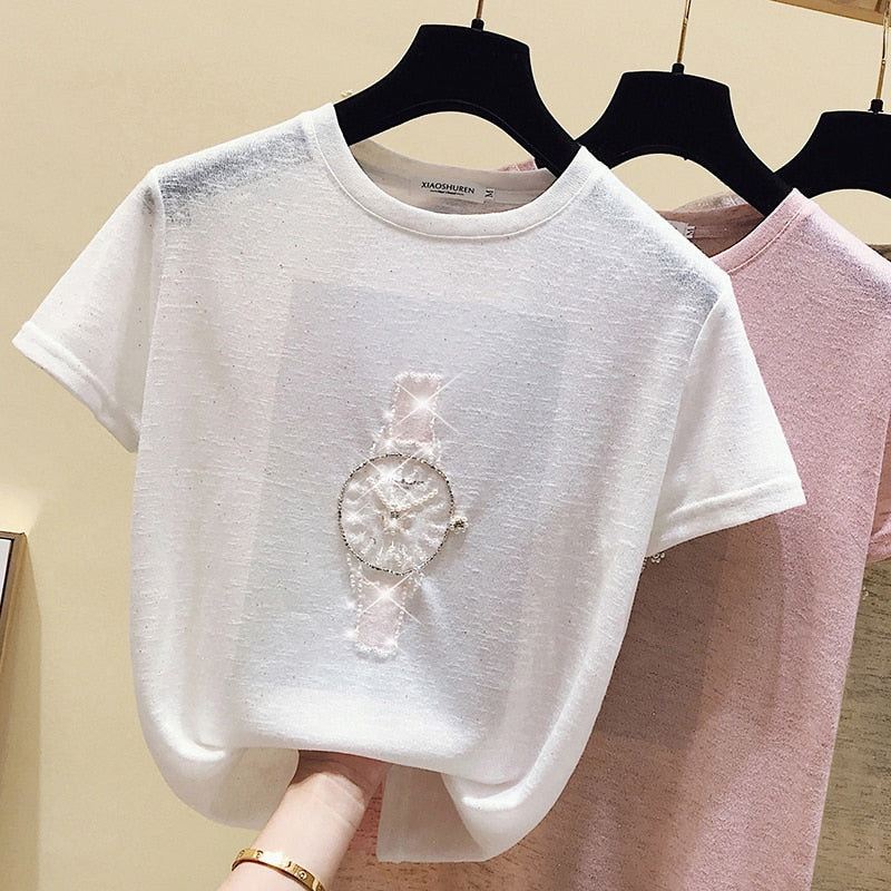 T Shirt Women Summer Tops Beading T-Shirt